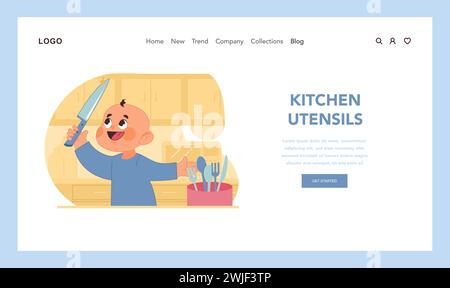 Cutlery safety awareness. Happy toddler playfully and curiously wielding kitchen knife, unaware of potential danger it poses. Preventing injuries and accidents with kids. Flat vector illustration Stock Vector