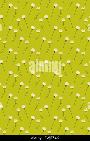Vertical seamless pattern, background green with white flowers. for your card, design, fabric vector Stock Vector