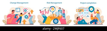 Project lifecycle set. Adaptive strategies in change management, proactive risk assessment, and celebratory project completion. Essential phases for IT project success. Flat vector illustration. Stock Vector