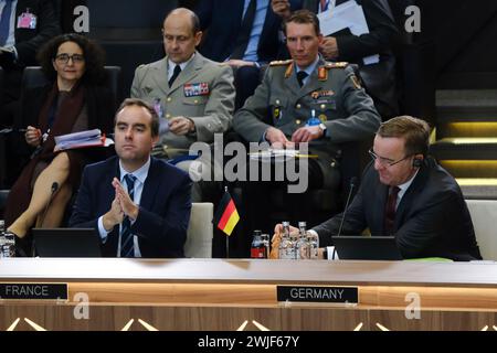 Brussels, Belgium. 15th Feb, 2024. Sebastien Lecornu, Minister of Defence arrives for a meeting of the alliance's Defence Ministers at the NATO headquarters in Brussels, Belgium on Feb. 15, 2024. Credit: ALEXANDROS MICHAILIDIS/Alamy Live News Stock Photo