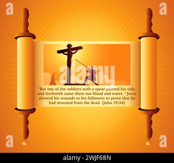 Lance of Longinus, Longinus the Roman soldier stabbed Jesus in the side illustration on old scroll, biblical vector illustration series, vector illust Stock Vector