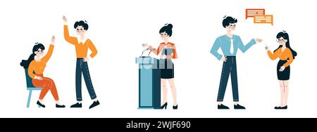 Corporate Communication set. Engaged team members in various business interactions, from presentations to discussions. Emphasizing teamwork and information exchange. Flat vector illustration Stock Vector