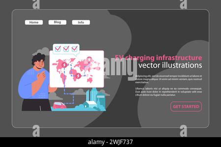 Charging ahead with global EV infrastructure. A visionary look at the spread of electric vehicle charging stations worldwide. Energizing future travel. Flat vector illustration. Stock Vector