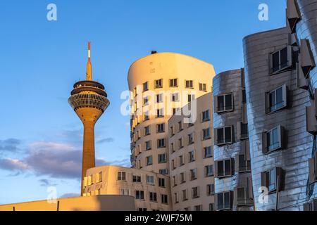 Gehry-Bauten - Neuer Zollhof am Medienhafen und der  Rheinturm in Düsseldorf, Nordrhein-Westfalen, Deutschland |  The Gehry Buildings at New Zollhof a Stock Photo