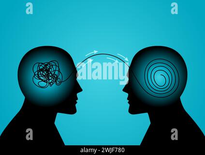 Human mind with its tangled threads sends out its tangles and transforming into orderly circle thread by other human minds, problem solver, solution, Stock Vector