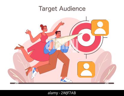 Target Audience concept. Dynamic duo in motion aiming for the marketing bullseye. Strategic customer focus and precise market targeting. Flat vector illustration Stock Vector