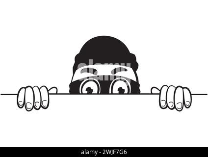 Sneaky thief, wearing a mask, and poking fun as he peeks mischievously from behind the wall, vector illustration Stock Vector
