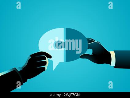 Business concept of two hands put together a puzzle that forms a bubble text, communication concept, vector illustration Stock Vector