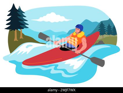 Clipart of a man kayaking with river and mountain landscape, vector illustration Stock Vector