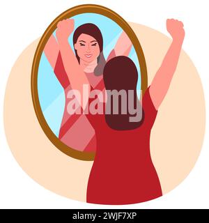 Clip art of a happy overweight young woman looking in the mirror, self love, body positive and acceptance, confident concept, vector illustration Stock Vector