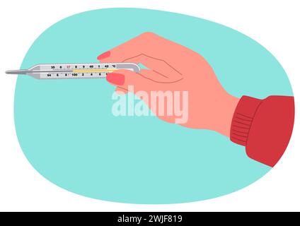 Clipart of a woman hand holding a medical mercury thermometer, vector illustration isolated on white Stock Vector