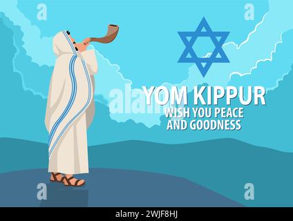 Vector illustration Jewish man blowing the Shofar ram’s horn on Rosh Hashanah and Yom Kippur day. Stock Vector
