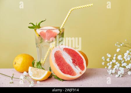 Aesthetic fresh cocktails with citrus. Low alcohol, zero proof drinks, detox vitaminized water. Stock Photo