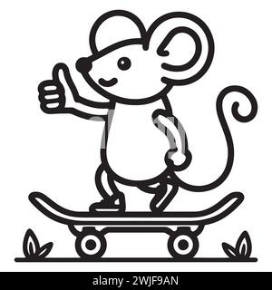 Cute funny mouse on skateboard cartoon sketch linear hand drawn solid black line on white background. The hatching illustration can be used as a symbo Stock Vector