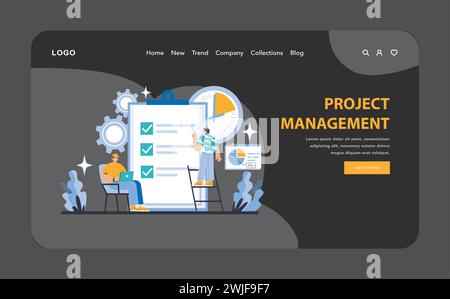 Project Management night or dark mode web or landing page. Illustration of teamwork in action, focusing on task completion, time management, and progress tracking. Flat vector illustration. Stock Vector