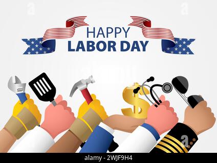 Hands holding equipment and tools represent various occupations, for America Labor Day poster or greeting card template, vector illustration Stock Vector