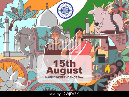 Mural doodle art of India flag decorated with the country famous elements and icons, suitable for political or national events, Independence Day Stock Vector