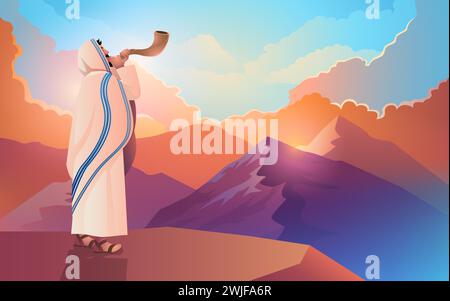 Vector artwork of a Jewish man blowing the Shofar ram's horn on a beautiful mountain and cloudscape background, for Rosh Hashanah and Yom Kippur day, Stock Vector
