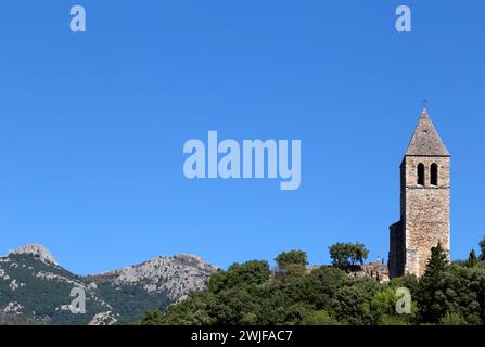 Olargues in Haut-Languedoc, one of the most beautiful villages in France. Former keep of the medieval castle transformed into a bell tower. Occitanie, France Stock Photo