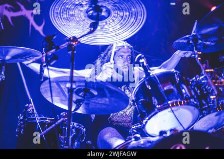 Copenhagen, Denmark. 12th, February 2024. The New Zealand heavy metal band Organectomy performs a live concert at Pumpehuset in Copenhagen. Here drummer Levi Sheehan is seen live on stage. (Photo credit: Gonzales Photo - Rolf Meldgaard). Stock Photo