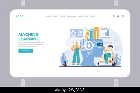 AI Model web or landing page. Interactive depiction of the machine learning process with human elements, showcasing collaboration and technology. Flat vector illustration. Stock Vector
