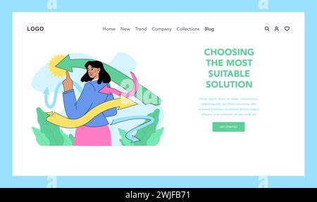 Choosing the most suitable solution concept. Confident woman selecting arrow with light amongst others. Clarity of picking best path. Confusion in decision making process. Flat vector illustration Stock Vector
