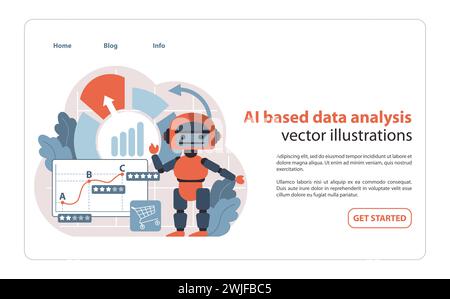 AI-Powered Data Analysis. Advanced robotics integrating with analytics for comprehensive business intelligence. Illustrating machine learning's role in data-driven decision-making. Flat vector. Stock Vector