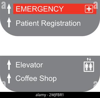 Hospital directional signs with names in red and gray background on a white background Stock Vector