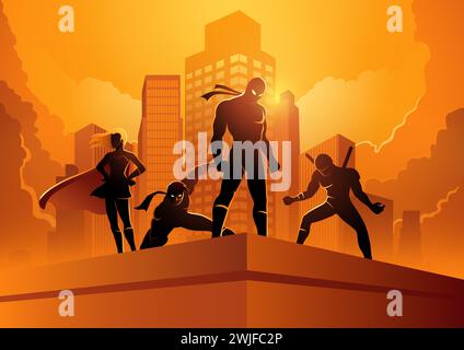 Silhouette of superheroes in different poses on top of a building, vector illustration Stock Vector