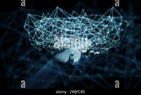 Human hand holds a virtual data network internet cloud connections with user communication lines. Stock Photo