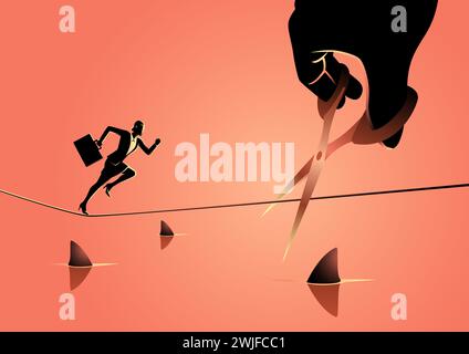 Business concept illustration of a businesswoman running on rope over a sea full with sharks, meanwhile a giant hand with scissors is cutting the rope Stock Vector