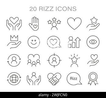 Rizz icon set. Minimalist line icons representing various aspects of social interaction and personal growth. Symbols of care, success, and vision. Vector illustration. Stock Vector