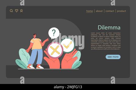 Dilemma concept. A person contemplates choices, illustrated by a yes-no decision symbol, pondering ethical actions. Flat vector illustration. Stock Vector