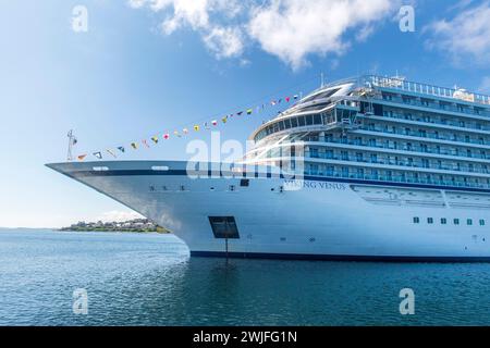 Viking Venus cruise ship from Bergen at anchor in Lerwick Harbour Shetland being attended by tenders Stock Photo