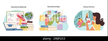 Learning essentials set. Different people using educational materials, interactive applications for studying, and library services enhancing academic experiences. Flat vector illustration Stock Vector