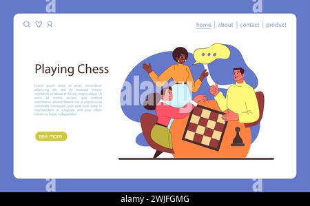 Chess game concept. Engaged trio enjoys strategic gameplay, celebrating intellectual challenge and camaraderie. Strategic mind battles in recreation. Flat vector illustration. Stock Vector