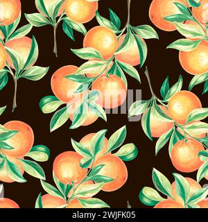 Seamless pattern with oranges fruit and leaves. Watercolor hand drawn illustration of juicy citrus. Background template with branches of fruits plants Stock Photo