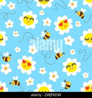 Bees on blossom meadow. Hand drown seamless vector pattern design Stock Vector