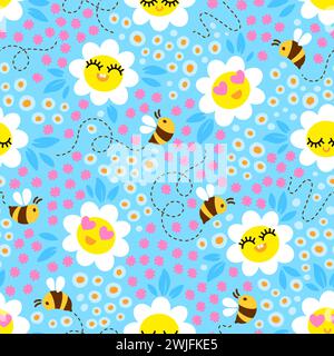 Bees on blossom meadow. Hand drown seamless vector pattern design Stock Vector