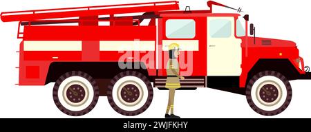 Firefighter standing nearby fire engine truck vector icon isolated on white background Stock Vector