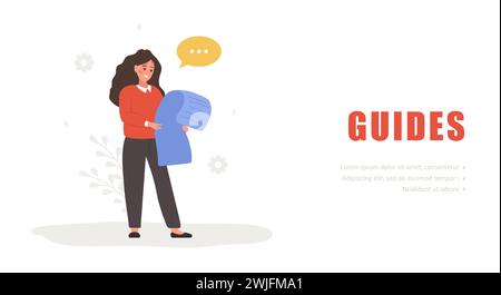 Guides concept. Female character with user manual. Woman reading user agreement, terms and conditions. FAQ or customer support. Vector illustration in Stock Vector