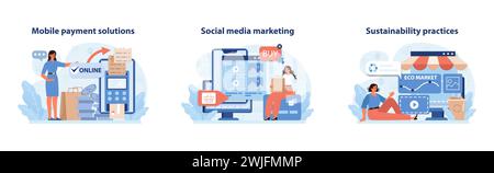 Retail Tech Solutions Set. Intuitive mobile payments, strategic social media marketing, and eco-friendly retail sustainability practices. Flat vector illustrations. Stock Vector