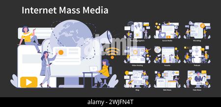 Internet Mass Media night or dark mode set. Diverse online communication platforms and digital content delivery. Global connectivity and information exchange. Vector illustration. Stock Vector