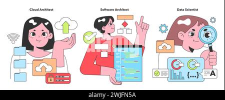 Colorful vector trio showcasing IT specialists in action: a Cloud Architect orchestrating the sky of servers, a Software Architect structuring code, and a Data Scientist analyzing patterns Stock Vector