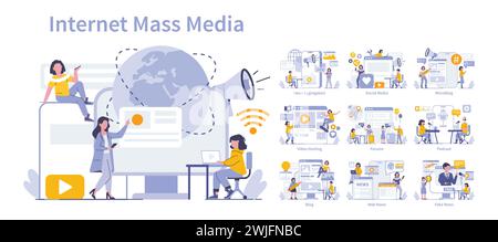 Internet Mass Media set. Diverse online communication platforms and digital content delivery. Global connectivity and information exchange. Vector illustration. Stock Vector