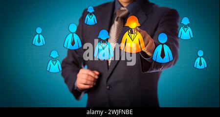 Blue chip recruitment consultant selecting a female employee in a group of white collar worker icons. Business concept for talent acquisition, human r Stock Photo
