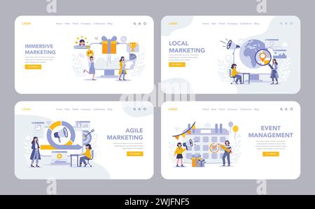 Strategic approaches in marketing web or landing page. Featuring immersive marketing, local marketing, agile marketing, and event management. Vector illustration. Stock Vector