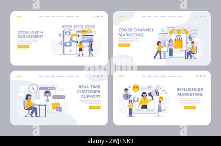 Customer Interaction in marketing web or landing page set. Illustrating social media engagement, cross channel marketing, real-time support, and influencer strategies. Vector illustration. Stock Vector