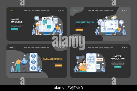 Mass media night or dark mode web or landing page set. Online Magazine, Internet Media, Cinematography, and News Application portals. Contemporary digital journalism and entertainment. Stock Vector