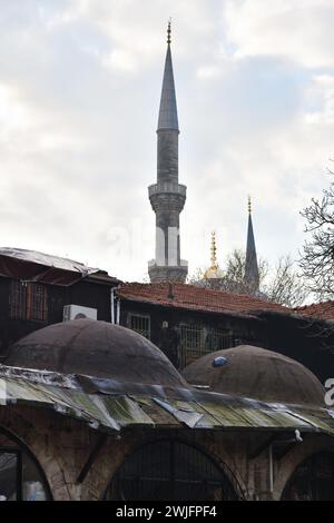 View on roofs and Minaret of the Blue Mosque on background. Sultanahmet square. Istanbul. Turkey Stock Photo
